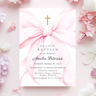 Faire-part de baptême fille avec un nœud rose bébé