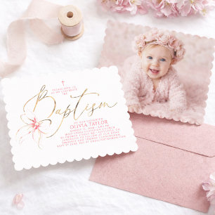 Faire-part de baptême fille élégant avec nœud rose