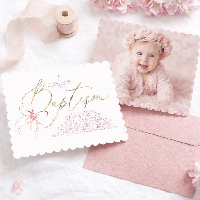 Faire-part de baptême fille élégant avec nœud rose (Pink Bow Girl Baptism Invitation with Photo)