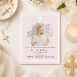 Faire-part de baptême fille fleurs photo rose tend