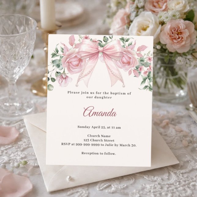 Faire-part de baptême fille fleurs rose ivoire (Créateur téléchargé)