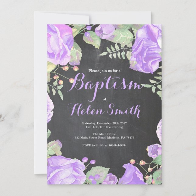 Faire-part de baptême fille floral violet (Devant)