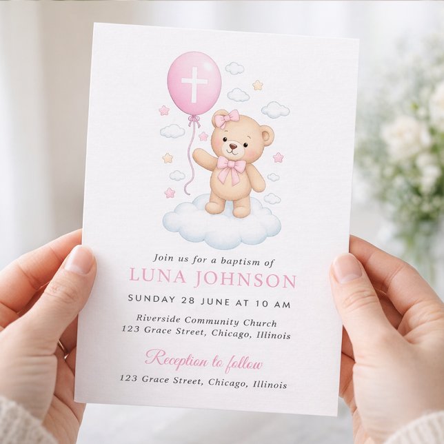 Faire-part de baptême fille ourson rose (Créateur téléchargé)