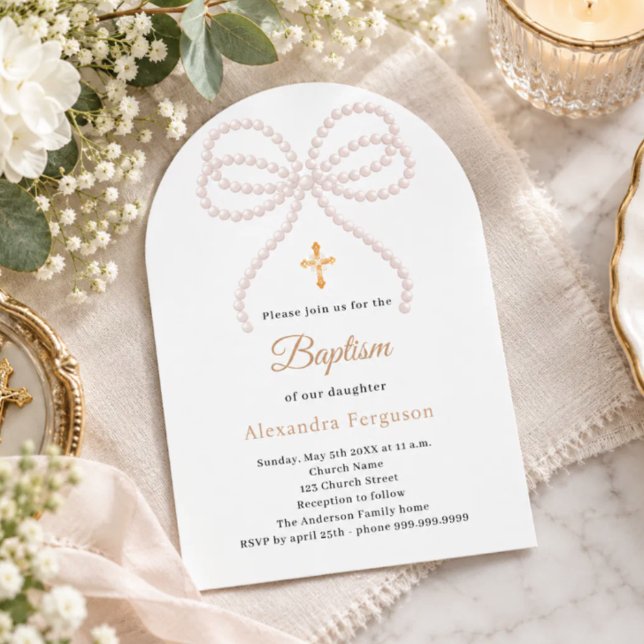 Faire-part de baptême fille perles arc rose (Créateur téléchargé)