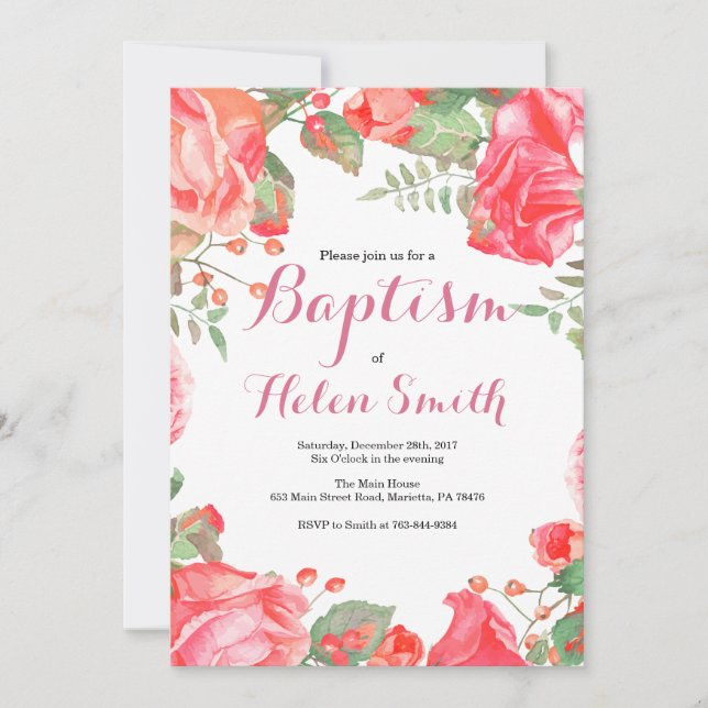 Faire-part de baptême fille rose floral (Devant)