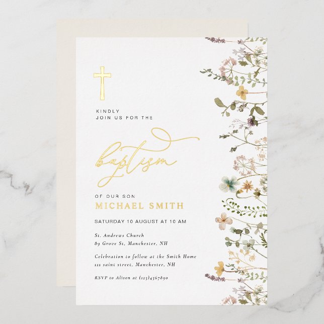 faire-part de baptême fleur sauvage feuille d'or (Recto/Verso)