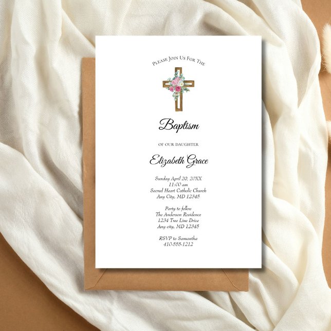Faire-part de baptême Fleurs Croix en bois (Baptism Wooden Cross Pink Flowers Invitation)