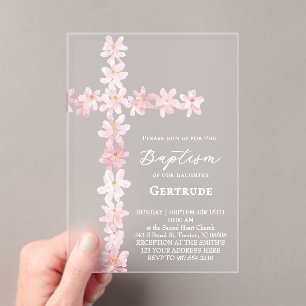 faire-part de baptême fleurs roses aquarelle croix