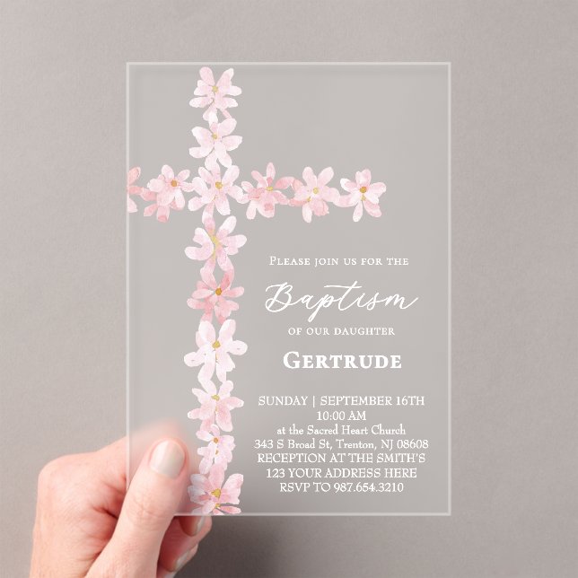 faire-part de baptême fleurs roses aquarelle croix (In situ (ordinateur de poche))