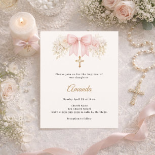 Faire-part de baptême fleurs roses blush croix arc