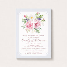 Faire-part de baptême floral aquarelle bleu clair 