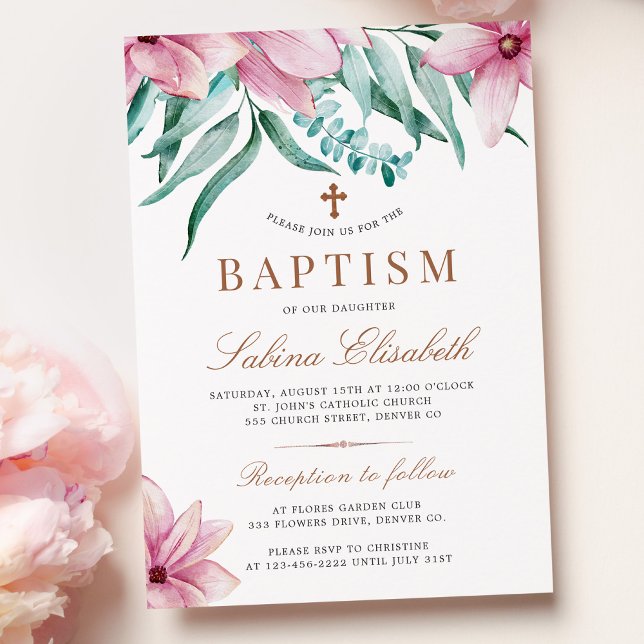 Faire-part de baptême floral aquarelle croix éléga (Créateur téléchargé)
