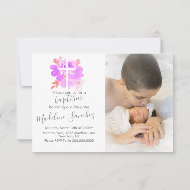Faire-part de baptême floral aquarelle rose bébé  (Devant)