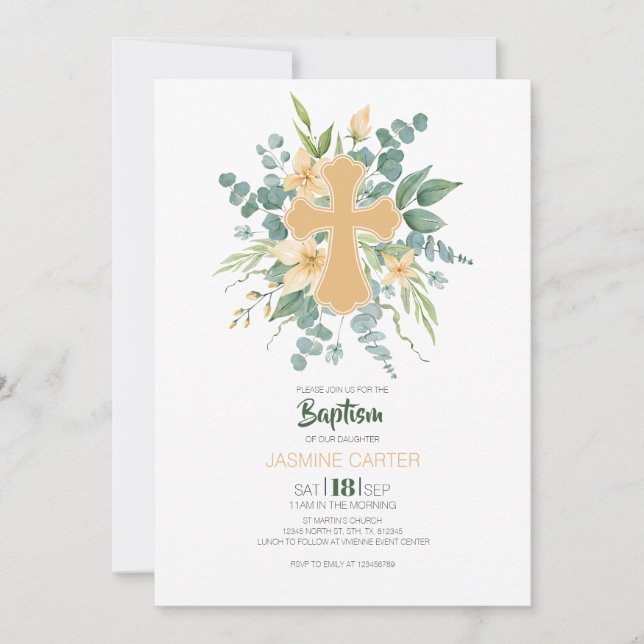 Faire-part de baptême floral croix verte aquarelle (Devant)