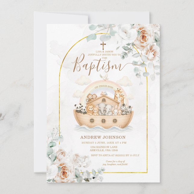 Faire-part de baptême floral élégant de l'Arche de (Devant)