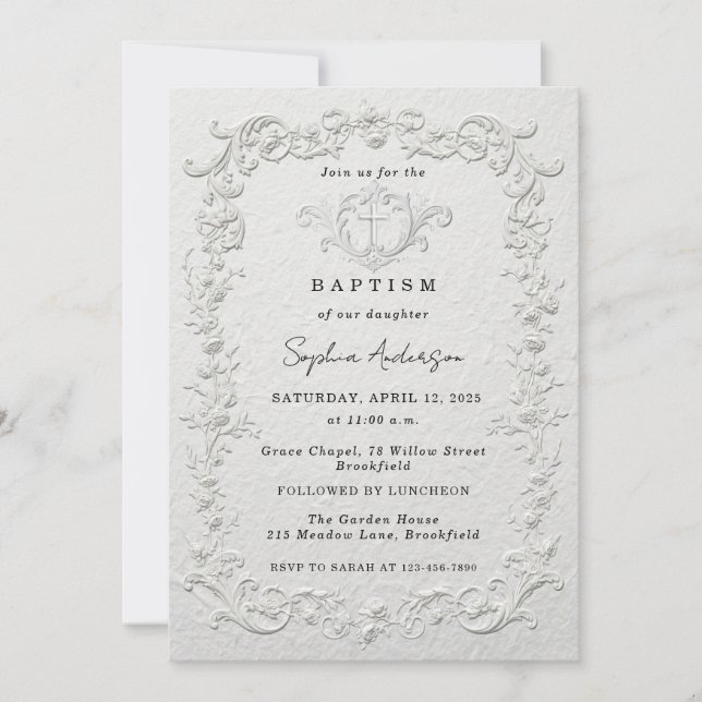 Faire-part de baptême floral en relief faux (Devant)