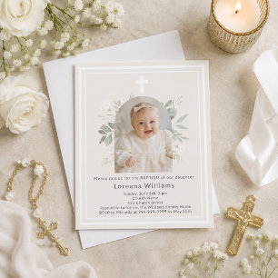Faire-part de baptême floral ivoire beige fille