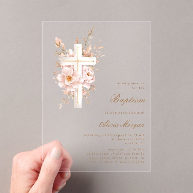 Faire-part de baptême floral Ivory Blush avec croi (In situ (ordinateur de poche))