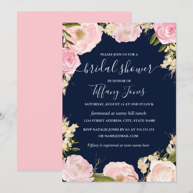 Faire-part de bapteme floral rose blush navy (Devant / Derrière)