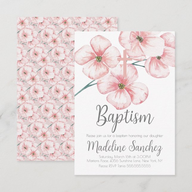 Faire-part de baptême floral rose de printemps aqu (Devant / Derrière)