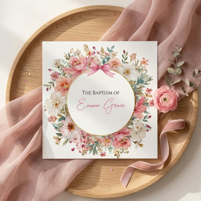 Faire-part de baptême floral rose élégant (Créateur téléchargé)