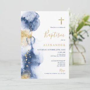 Faire-part de baptême garçon aquarelle bleu marine