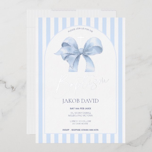 Faire-part de baptême garçon bleu bow et rayures (Enveloppe)