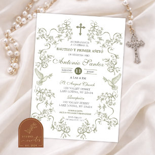 Faire-part de baptême garçon toile vert sauge