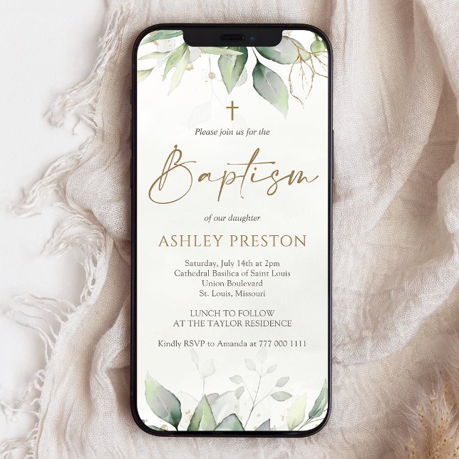 Faire-part de baptême mobile en doré et feuillage  (Eucalyptus Greenery Gold Baptism Mobile Invite)