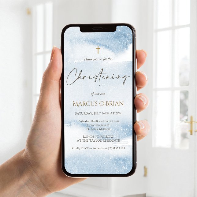 Faire-part de baptême mobile garçon aquarelle bleu (Blue Watercolor Boy Christening Mobile Invite)