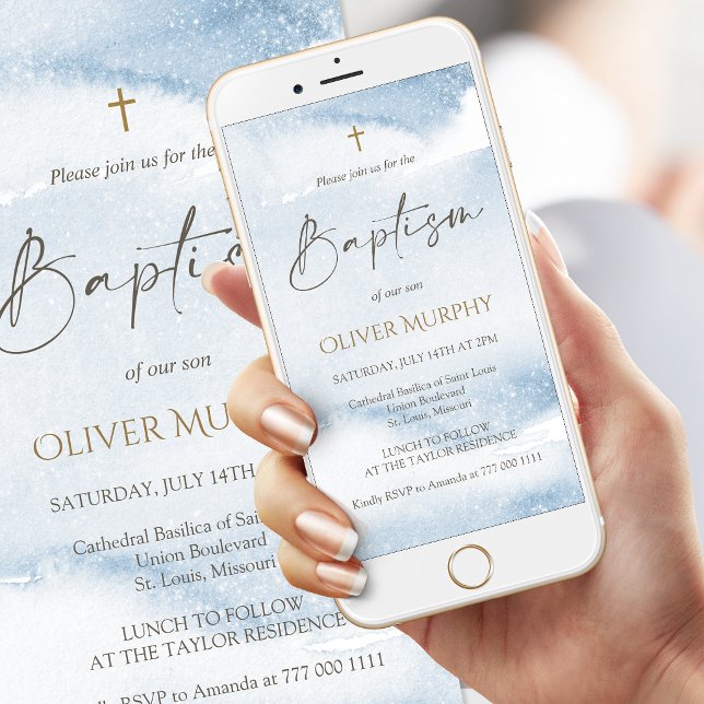 Faire-part de baptême mobile garçon aquarelle bleu (Blue Watercolor Boy Baptism Mobile Invite)