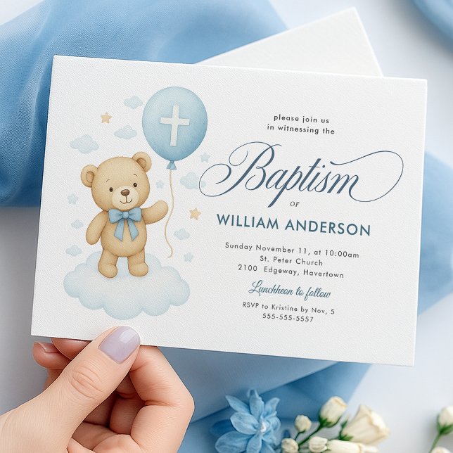 Faire-part de baptême Ourson Bleu pour Garçon Croi (Charming teddy bear design highlighting your little one’s Baptism day.)