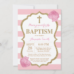 Faire-part de baptême pailleté rose et or