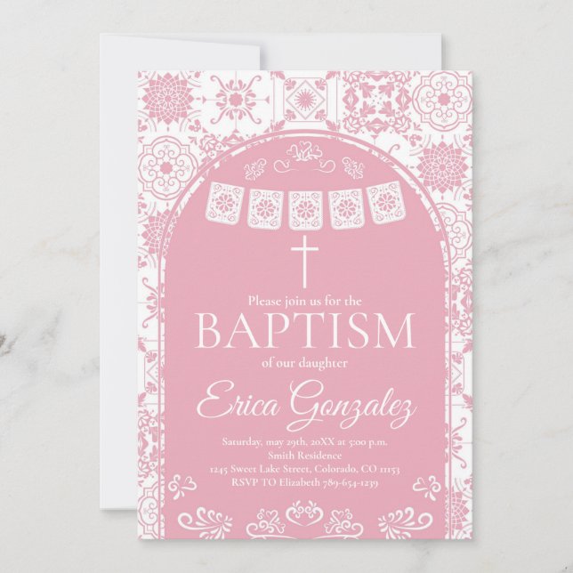 Faire-part de baptême Papel Picado rose blush (Devant)