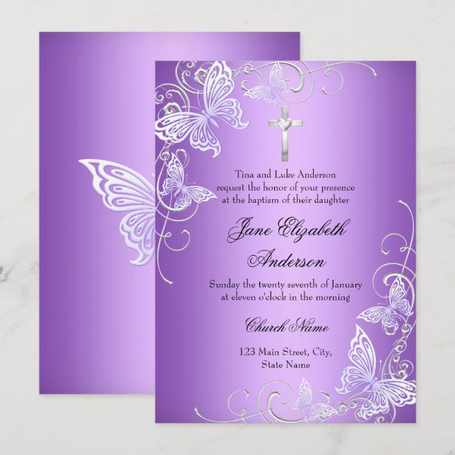 Faire-part de baptême Papillon Tourbillon Violet & (Devant / Derrière)