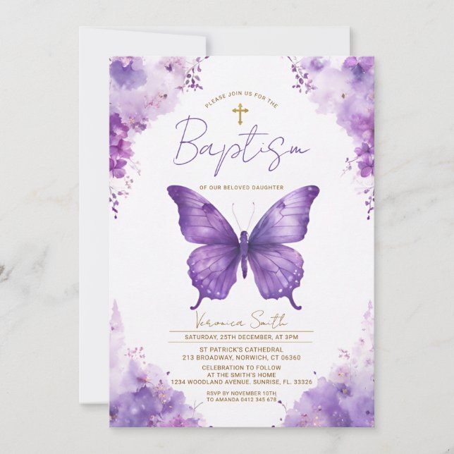 Faire-part de baptême Papillon Violet (Devant)