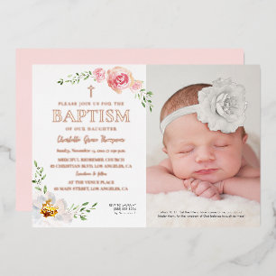 Faire-part de baptême photo Fille Fleur Rose Pâle
