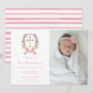 Faire-part de baptême photo floral rose