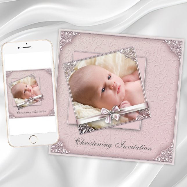 Faire-part de baptême photo rose poudrée  (Blush pink christening invitation. Add photo and text. Download and printed invitations available.)