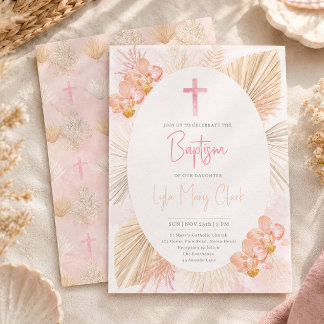 Faire-part de baptême pour bébé fille | Croix flor