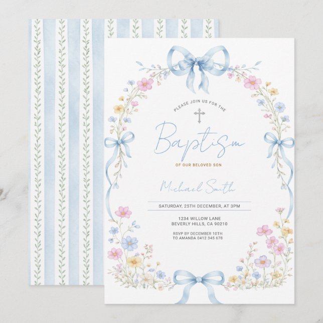Faire-part de baptême pour bébé garçon Wildflower  (Devant / Derrière)