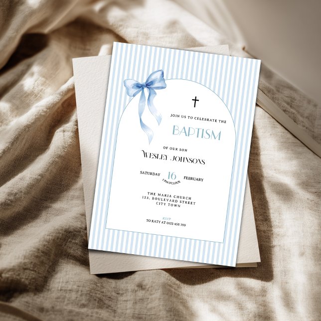 Faire-part de baptême rayé avec un nœud bleu pour  (Blue pink baptism invitation for boys)