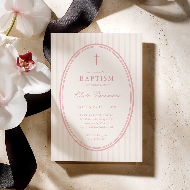 Faire-part de baptême rayé rose (Créateur téléchargé)
