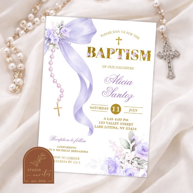 Faire-part de baptême Rosaire Coquette Ruban Viole (Créateur téléchargé)