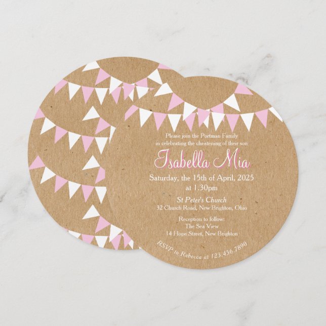 Faire-part de baptême rose Baby Bunting (Devant / Derrière)