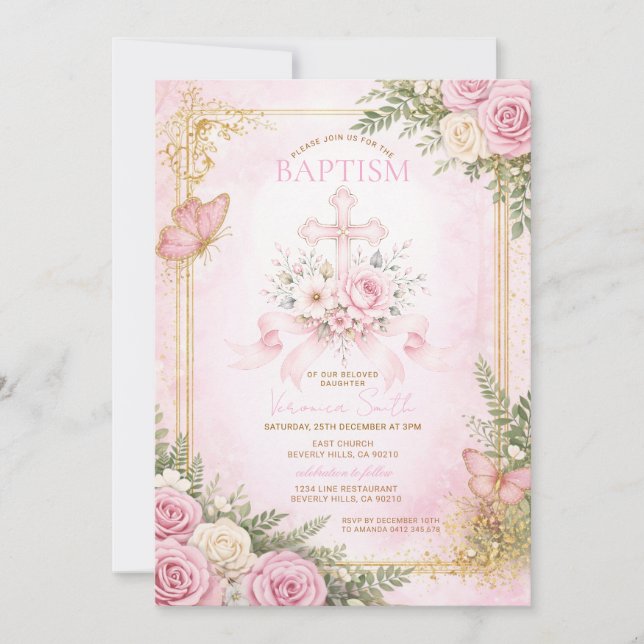 Faire-part de baptême rose pour fille à motif flor (Devant)