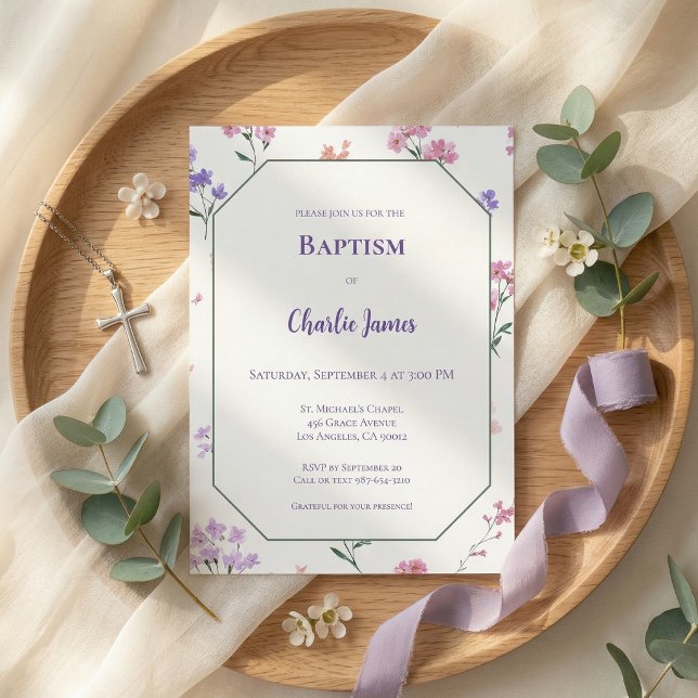 Faire-part de baptême rose violet botanique (Créateur téléchargé)