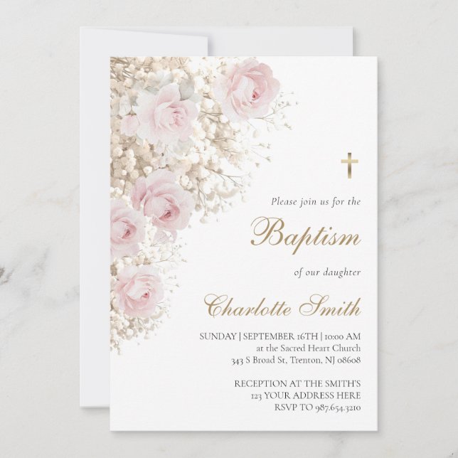 faire-part de baptême roses roses et baby's breath (Devant)