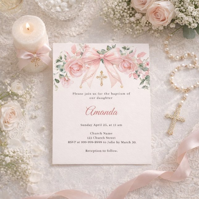 Faire-part de baptême ruban rose fleurs ivoire cro (Créateur téléchargé)