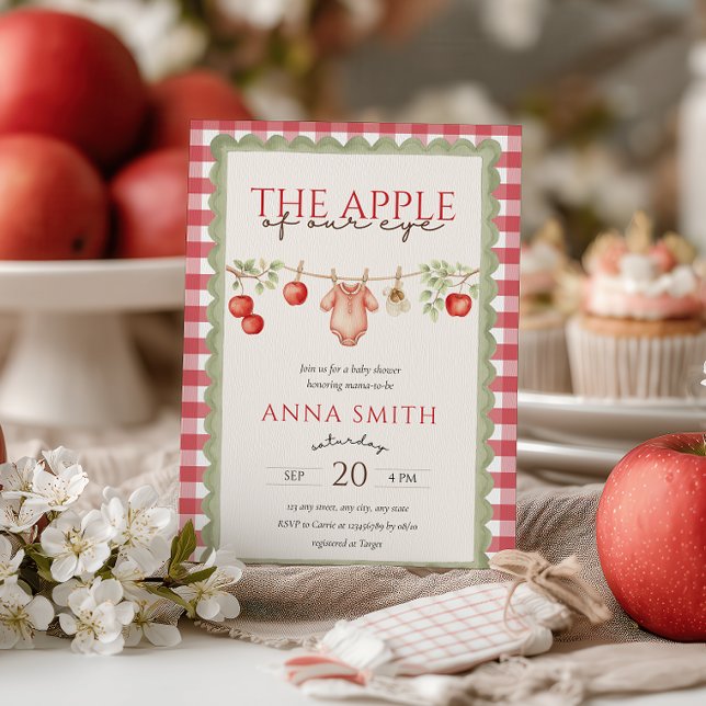 Faire-Part de Bébé à Carreaux Rouges "La Prunelle  (The Apple Of Our Eye Baby Shower Invitation Red Gingham Farmer's Market )